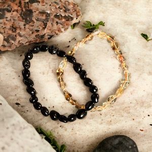 Citrine & Black Tourmaline Tumbled Stone Bracelets Positive Energy Vitality